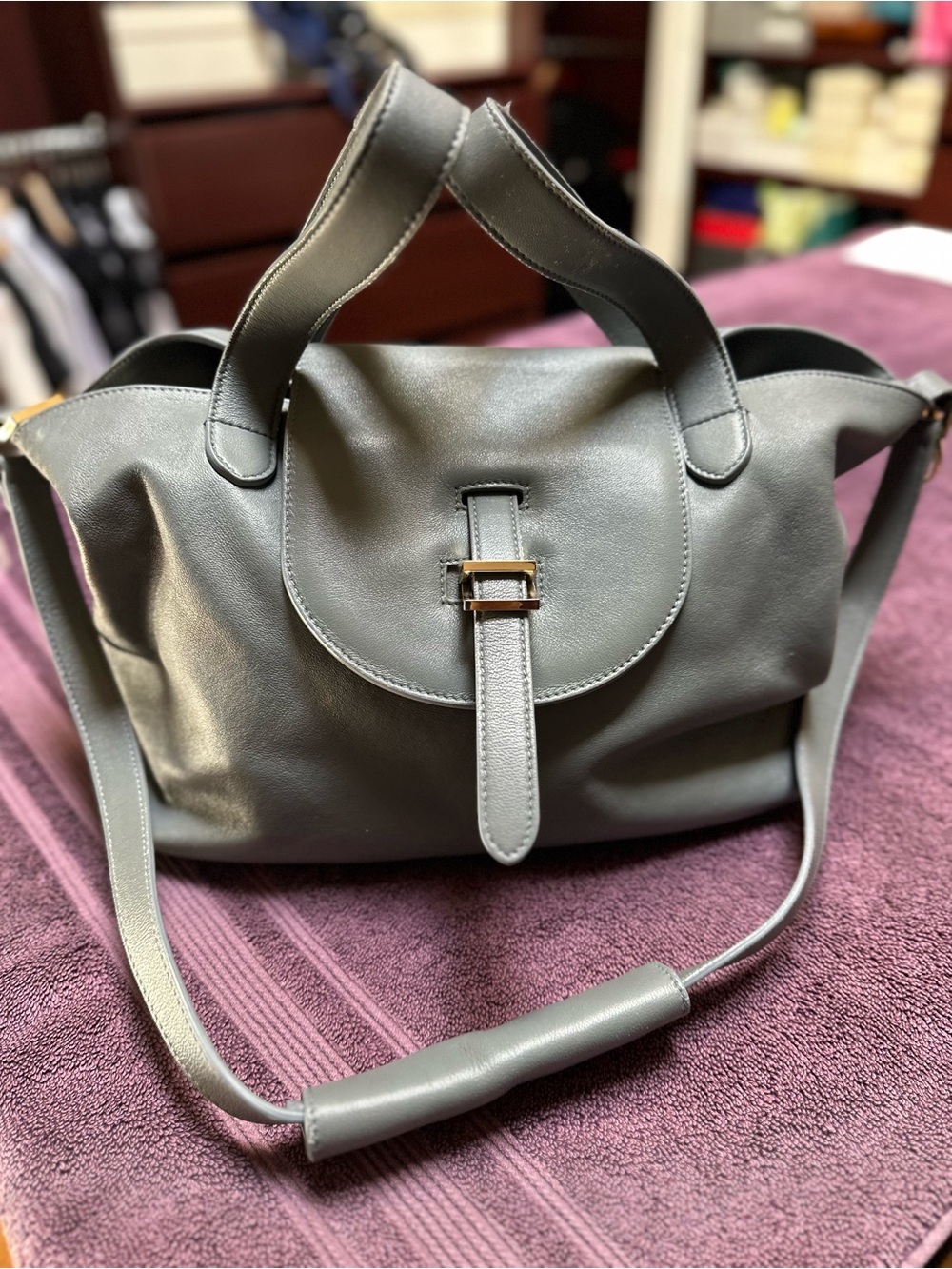 Meli Melo blue grey Leather Shoulder Bag with Gold Hardware